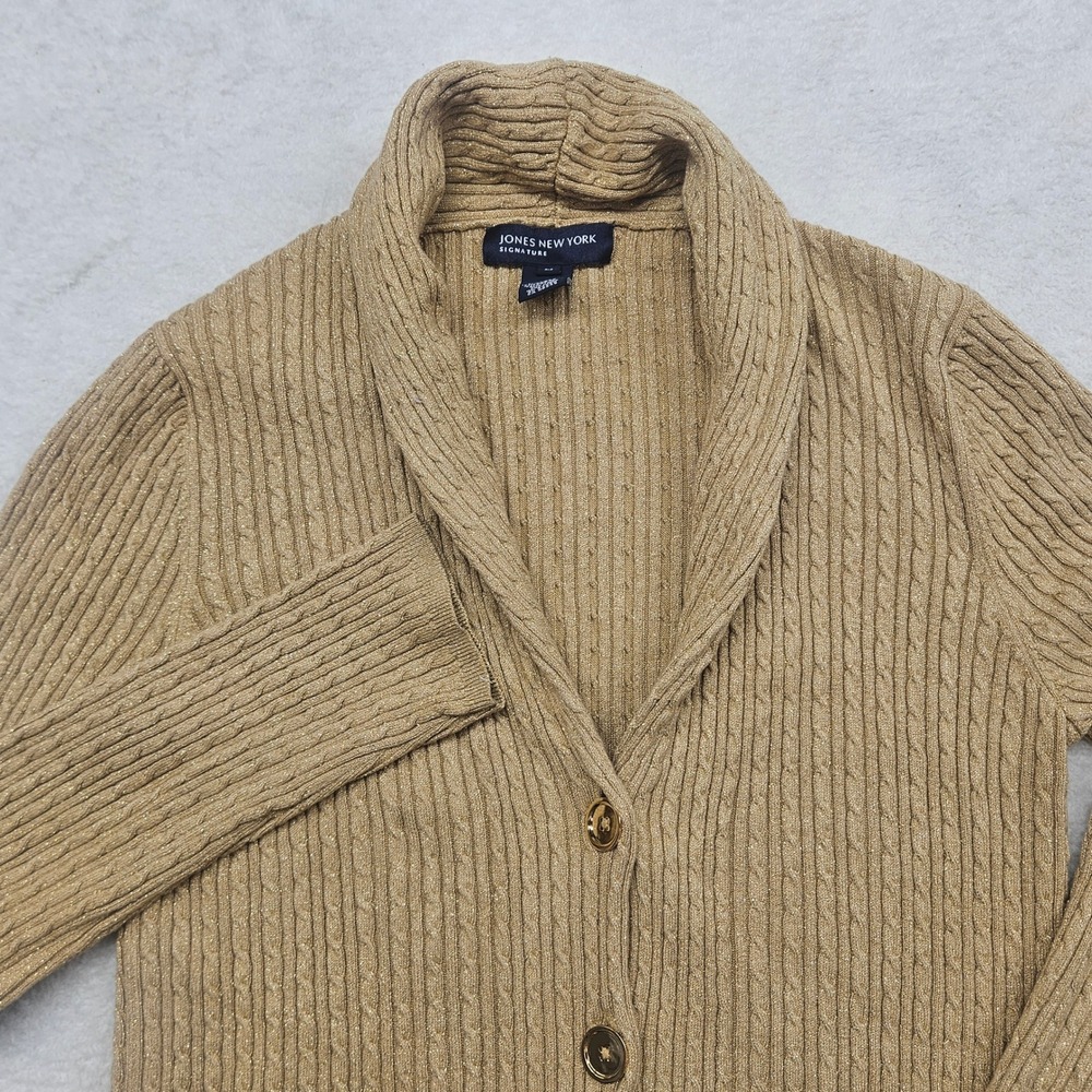 Jones New York Signature Gold Metallic Cable Knit Shawl Collar Cardigan Medium